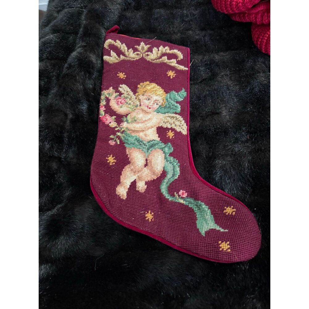 Vintage Imperial Elegance Wool Christmas‎ Stocking Needlepoint CHERUB Victorian
